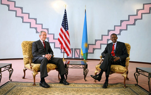 President George W. Bush meets with the President of Rwanda Paul Kagame Tuesday Feb. 19, 2008, at the Presidency in Rwanda. White House photo by Eric Draper