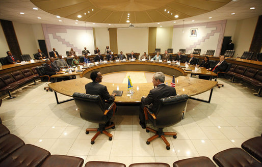 President George W. Bush joins Rwanda President Paul Kagame in the Cabinet Room of the Presidency, Tuesday, Feb. 19, 2008, prior to their joint press availability. White House photo by Eric Draper