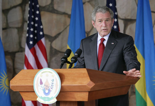 President George W. Bush addresses reporters during a joint press availability following the signing of a bilateral investment treaty with Rwanda President Paul Kagame, Tuesday, Feb. 19, 2008 in Kilgali, Rwanda. White House photo by Chris Greenberg