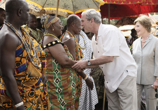 President George W. Bush and Mrs. Laura Bush greet Ghanaian tribal chiefs and members of tribes Wednesday, Feb. 20, 2008, in Accra, Ghana. President Bush met with 30 tribal chiefs during his visit to the International Trade Fair Center. White House photo by Shealah Craighead