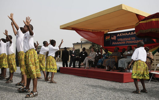 Mrs. Laura Bush attends a children's dance performance during welcome ceremonies Wednesday, Feb. 20, 2008, in honor of Mrs. Bush's visit to the Maamobi Polyclinic health facility in Accra, Ghana. White House photo by Shealah Craighead