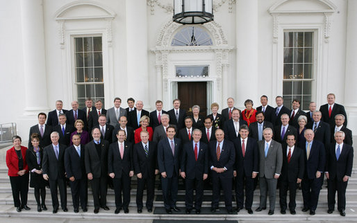 President George W. Bush participates in a photo opportunity with the National Governors Association Monday, Feb. 25, 2008, on the North Portico steps of the White House. White House photo by Chris Greenberg