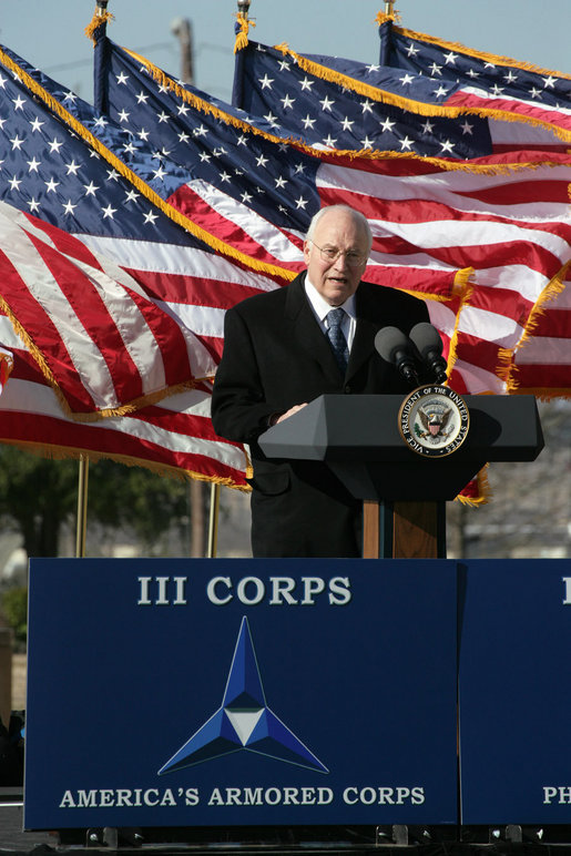 Vice President Dick Cheney delivers remarks during an Uncasing of the Colors Ceremony Tuesday, Feb. 26, 2008, at Fort Hood, Texas. White House photo by David Bohrer