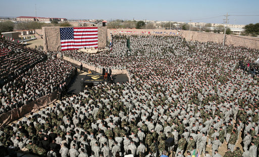 Vice President Dick Cheney delivers remarks to over 9,000 U.S. Army troops Tuesday, Feb. 26, 2008 at Fort Hood, Texas. During his remarks the Vice President expressed his appreciation for the service of soldiers of the First Cavalry Division and Three Corps who have recently returned from a 15-month deployment in Iraq. White House photo by David Bohrer