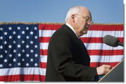 Vice President Dick Cheney delivers remarks Tuesday, Feb. 26, 2008, during a rally for the troops of the First Cavalry Division and Three Corps at Fort Hood, Texas. In expressing his appreciation of the troops' service in Iraq the Vice President said, "Whatever your future holds, you can always take satisfaction in the accomplishments of the past 15 months. You were there for America." He added, "As Vice President -- and more than that, as a citizen of this country -- I'm proud to look you in the eye to express my deep gratitude and total respect." White House photo by David Bohrer