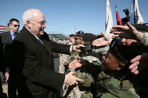 Vice President Dick Cheney shakes the outstretched hands of soldiers Tuesday, Feb. 26, 2008, following a rally for the troops at Fort Hood, Texas, home of the U.S. Army's First Cavalry Division. White House photo by David Bohrer