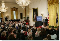 Mrs. Laura Bush addresses guests Tuesday, Feb. 26, 2008 in the East Room of the White House, during the launch of the National Endowment for the Humanities’ Picturing America initiative, to promote the teaching, study, and understanding of American history and culture in schools. White House photo by Chris Greenberg