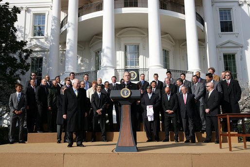 President George W. Bush delivers remarks during a ceremony honoring the 2007 World Series Champion Boston Red Sox Wednesday, Feb. 27, 2008, on the South Lawn of the White House. White House photo by Chris Greenberg