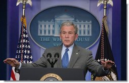 President George W. Bush gestures as he speaks to the press during a morning news conference Thursday, Feb. 28, 2008, in the James S. Brady Press Briefing Room. White House photo by Chris Greenberg