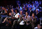 Mrs. Laura Bush applauds while listening to a panel discussion, flanked by NBA player Greg Oden, left, and student, Shantel Monk. Also seated with Mrs. Bush, at right, are Oregon Governor Theodore (Ted) Kulongoski and his, wife, Mrs. Mary Oberst. White House photo by Shealah Craighead