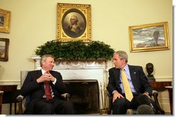 President George W. Bush meets with Jaap de Hoop Scheffer, Secretary General of the North Atlantic Treaty Organization (NATO) Friday, Feb. 29, 2008, in the Oval Office. White House photo by Chris Greenberg