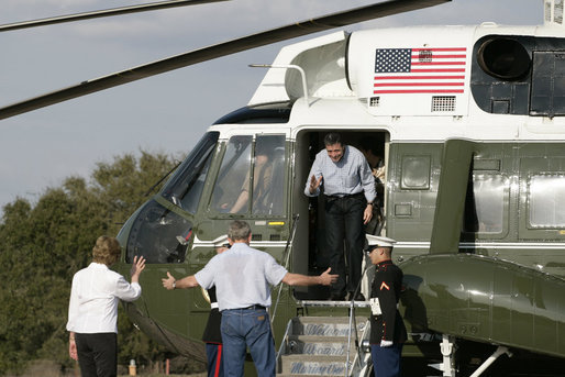 President George W. Bush and Mrs. Laura Bush welcome Prime Minister Anders Fogh Rasmussen of Denmark to the Bush Ranch Friday, Feb. 29, 2008, in Crawford, Texas. White House photo by Shealah Craighead