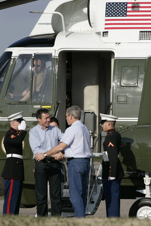 President George W. Bush welcomes Prime Minister Anders Fogh Rasmussen of Denmark and his wife, Anne-Mette Rasmussen to the Bush Ranch Friday, Feb. 29, 2008, in Crawford, Texas. White House photo by Shealah Craighead