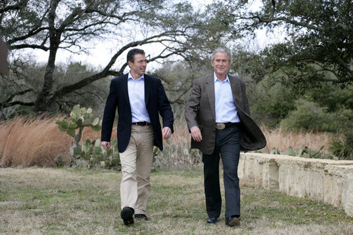 President George W. Bush and Prime Minister Anders Fogh Rasmussen of Denmark walk toward the cameras at the start of their press availability at The Bush Ranch in Crawford, Texas, Saturday, March 1, 2008, in Crawford, Texas. White House photo by Shealah Craighead