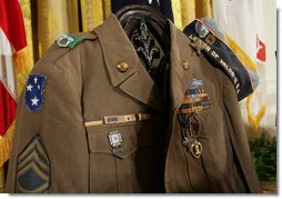 The Korean era U.S. Army jacket of Master Sgt. Woodrow Wilson Keeble is seen Monday, March 3, 2008, displayed in the East Room of the White House, during the presentation of the Medal of Honor, posthumously, in honor of Master Sgt. Keeble’s gallantry during his service in the Korean War. Keeble is the first full-blooded Sioux Indian to receive the Medal of Honor. White House photo by Eric Draper