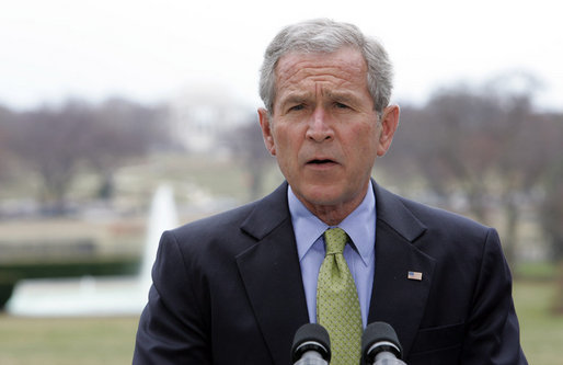 President George W. Bush delivers a statement regarding the situation in Colombia from the South Lawn of the White House Tuesday, March 4, 2008. The President, who spoke with Colombia's President Uribe earlier in the day, said, "I told the President that America fully supports Colombia's democracy, and that we firmly oppose any acts of aggression that could destabilize the region." White House photo by Chris Greenberg