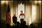 Mrs. Laura Bush speaks at the 2008 Annual Meeting of the Association of American Publishers Wednesday, March 5, 2008, at the Yale Club in New York City. Looking on is Patricia Schroeder, President and Chief Executive Officer of the group. White House photo by Shealah Craighead