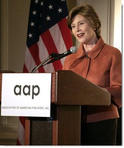 Mrs. Laura Bush addresses the 2008 Annual Meeting of the Association of American Publishers at the Yale Club in New York City Wednesday, March 5, 2008. Mrs. Bush told the group, "Thank you to each one of you for raising awareness about the benefits and the necessity of literacy. We owe our future to people like you, who appreciate and facilitate the wonders of a good book, who call attention to the immense blessings of reading, and who tap the resources of great writers and pour them into books for the rest of us to read." White House photo by Shealah Craighead