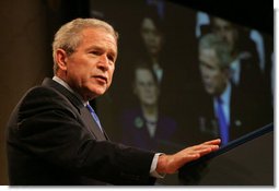 President George W. Bush delivers remarks Thursday, March 6, 2008, during the commemoration of the 5th anniversary of the U.S. Department of Homeland Security. The President told his audience, ".It's your vigilance and your hard work that have helped keep this country safe. And so I want to thank you."  White House photo by Chris Greenberg