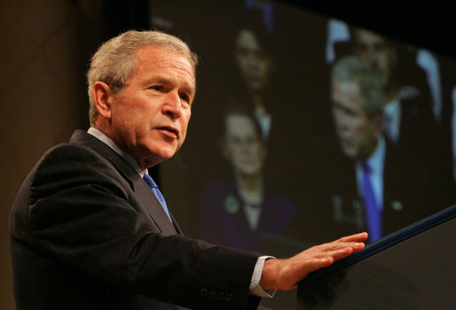 President George W. Bush delivers remarks Thursday, March 6, 2008, during the commemoration of the 5th anniversary of the U.S. Department of Homeland Security. The President told his audience, ".It's your vigilance and your hard work that have helped keep this country safe. And so I want to thank you." White House photo by Chris Greenberg