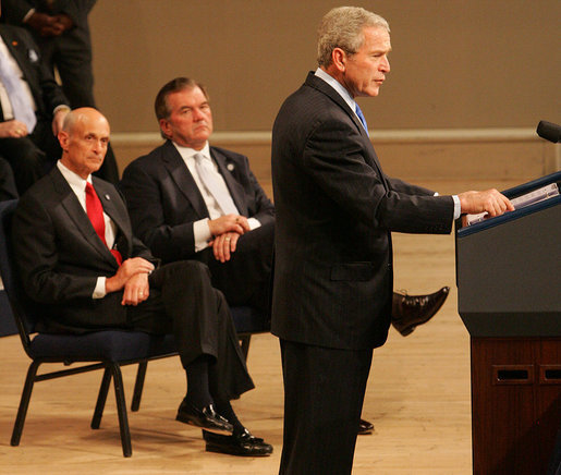 President George W. Bush delivers remarks during a commemoration Thursday, March 6, 2008, of the 5th anniversary of the U.S. Department of Homeland Security. Joining him on stage at Constitution Hall in Washington, D.C., are Secretary Michael Chertoff, left, of the Department of Homeland Security, and former Secretary of DHS Tom Ridge. White House photo by Chris Greenberg