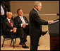 President George W. Bush delivers remarks during a commemoration Thursday, March 6, 2008, of the 5th anniversary of the U.S. Department of Homeland Security. Joining him on stage at Constitution Hall in Washington, D.C., are Secretary Michael Chertoff, left, of the Department of Homeland Security, and former Secretary of DHS Tom Ridge. White House photo by Chris Greenberg