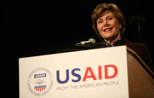 Mrs. Laura Bush delivers remarks Friday, March 7, 2008, during the USAID Celebration of International Women's Day at the Ronald Reagan Building in Washington, D.C. Mrs. Bush told her audience, "We're here today to tell our sisters around the world that we want them to join us. We're here to tell them that the long walk to freedom and equality, even though sometimes it might be a tiresome journey, that it's worth it. And the women of the United States are with them every single step of the way." White House photo by Joyce N. Boghosian