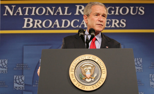 President George W. Bush addresses his remarks at the National Religious Broadcasters convention Tuesday, March 11, 2008 in Nashville, Tenn. White House photo by Chris Greenberg