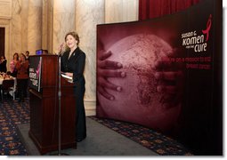 Mrs. Laura Bush delivers remarks at the Susan G. Komen for the Cure Global Initiative Luncheon Wednesday, March 12, 2008, at the U.S. Capitol in Washington, D.C. Mrs. Bush also talked about her upcoming trip to Mexico City where she will announce the U.S.-Mexico Partnership for Breast Cancer Awareness and Research. White House photo by Shealah Craighead