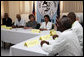 Mrs. Laura Bush attends a briefing Thursday, March 13, 2008 at the GHESKIO HIV/AIDS Center in Port-au-Prince, Haiti. GHESKIO is a participant in the President’s Emergency Plan for AIDS Relief (PEPFAR), which has contributed approximately $365 million to fight HIV/AIDS in Haiti. White House photo by Shealah Craighead