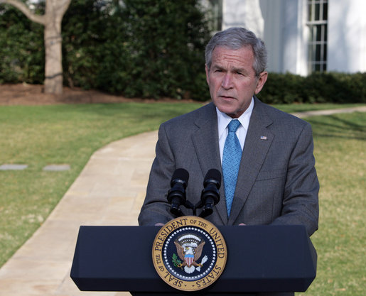 President George W. Bush delivers a statement on FISA, the Foreign Intelligence Surveillance Act, Thursday, March 13, 2008, on the South Drive of the White House. In urging Congress to act, the President said, "The American people understand the stakes in this struggle. They want their children to be safe from terror. Congress has done little in the three weeks since the last recess, and they should not leave for their Easter recess without getting the Senate bill to my desk." White House photo by Chris Greenberg