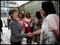 Mrs. Laura Bush is greeted Friday, March 14, 2008, on her arrival to a meeting of the Mexican Association Against Breast Cancer (Fundacion Cim*ab) in Mexico City. From left are Mrs. Maria Asuncion Garza, wife of U.S. Ambassador to Mexico Antonio Garza, Jr., Mrs. Margarita Zavala, wife of Mexico’s President Felipe Calderon, Ms. Bertha Aguilar de Garcia, president of Cim*ab, and Ms. Rosaela Gijon, director of Cim*ab. White House photo by Shealah Craighead