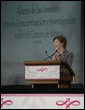 Mrs. Laura Bush addresses an audience Friday, March 14, 2008, prior to the signing of the U.S.-Mexico Partnership for Breast Cancer Awareness and Research agreement at the Interactive Economics Museum in Mexico City. White House photo by Shealah Craighead