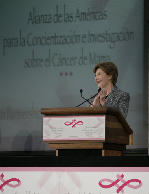 Mrs. Laura Bush addresses an audience Friday, March 14, 2008, prior to the signing of the U.S.-Mexico Partnership for Breast Cancer Awareness and Research agreement at the Interactive Economics Museum in Mexico City. White House photo by Shealah Craighead