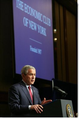 President George W. Bush delivers remarks on the economy to the Economic Club of New York Friday, March 14, 2008, in New York City, New York. President Bush said "I've seen what happens when America deals with difficulty. I believe that we're a resilient economy, and I believe that the ingenuity and resolve of the American people is what helps us deal with these issues." White House photo by Chris Greenberg