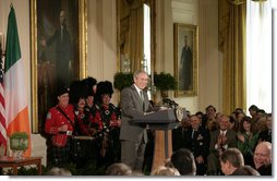 President George W. Bush delivers remarks Monday, March 17, 2008, during a reception in celebration of St. Patrick's Day in the East Room of the White House. Speaking to the Prime Minister of Ireland, President Bush said, "We've had a long relationship, Taoiseach. Our history has been one where the United States and Ireland have made liberty our common cause, and both of our nations are richer for it." White House photo by Shealah Craighead