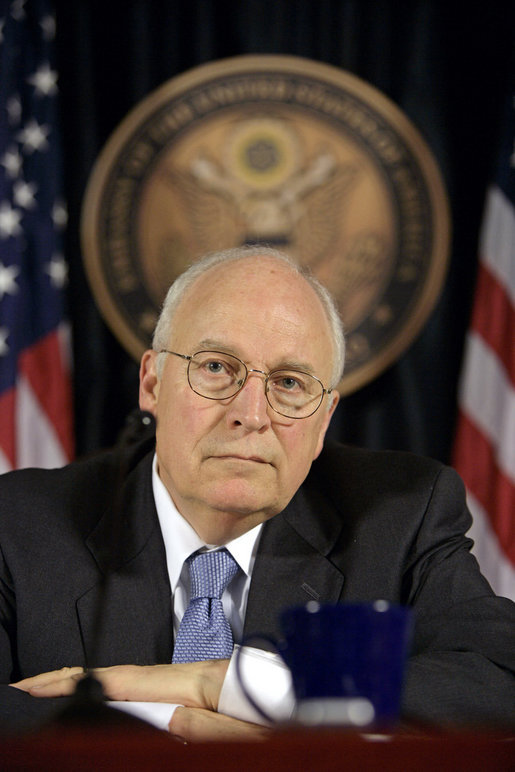 Vice President Dick Cheney listens to a reporter's question Monday, March 17, 2008 during press availability with General David Petraeus and U.S. Ambassador to Iraq Ryan Crocker (not pictured) inside the Green Zone in Baghdad. "This week marks the fifth anniversary since we launched into Iraq in March of '03," said the Vice President during the press availability, adding, "If you reflect back on those five years, I think it's been a difficult, challenging, but nonetheless successful endeavor; that we've come a long way in five years, and that it's been well worth the effort." White House photo by David Bohrer