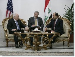 Vice President Dick Cheney meets with Iraqi Prime Minister Nouri al-Maliki Monday, March 17, 2008 at the Prime Minister's residence in Baghdad. In remarks following their meeting, the Vice President said, "I was last in Baghdad 10 months ago, and I can sense as a result of the progress that's been made since then that there have been some phenomenal changes, in terms of the overall situation, both with respect of the security situation, where Iraqi and American forces have done some very good work, as well as with respect to political developments here in Iraq." White House photo by David Bohrer