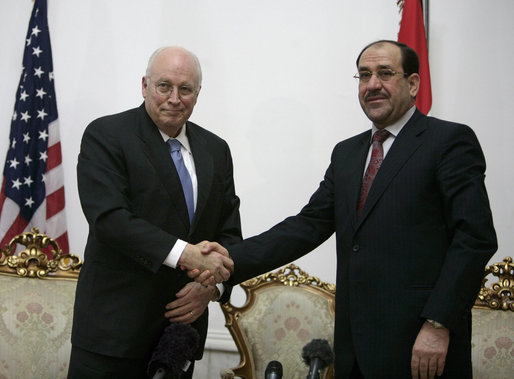 Vice President Dick Cheney shakes hands with Iraqi Prime Minister Nouri al-Maliki following their meeting Monday, March 17, 2008 at the Prime Minister's residence in Baghdad. "I found the Vice President a man who understands very well and is very keen about Iraq's success," said Prime Minister Maliki, adding, "I believe these visits really cement and support the relationship between the two countries, the success that we achieve in Iraq against terrorism, and in the war against terrorism." White House photo by David Bohrer