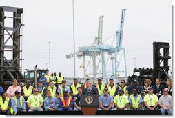 President George W. Bush delivers remarks on trade policy Tuesday, March 18, 2008, at the Blount Island Marine Terminal in Jacksonville, Fla. White House photo by Chris Greenberg