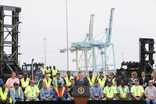 President George W. Bush delivers remarks on trade policy Tuesday, March 18, 2008, at the Blount Island Marine Terminal in Jacksonville, Fla. White House photo by Chris Greenberg