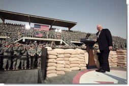 Vice President Dick Cheney receives a welcome Tuesday, March 18, 2008, to a rally for U.S. troops at Balad Air Base, Iraq. White House photo by David Bohrer