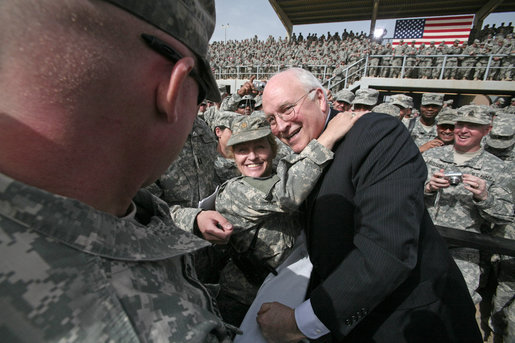 Vice President Dick Cheney greets U.S. troops and poses for pictures Tuesday, March 18, 2008, during a rally at Balad Air Base, Iraq. White House photo by David Bohrer