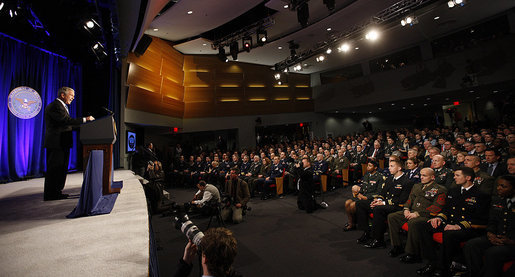 President George W. Bush marks the fifth anniversary of the launch of Operation Iraqi Freedom as he delivers remarks Wednesday, March 19, 2008, at the Pentagon on the Global War on Terror. The President used the occasion to acknowledge and thank the military and all involved for their sacrifices and progress made on the ground in Iraq. White House photo by Eric Draper