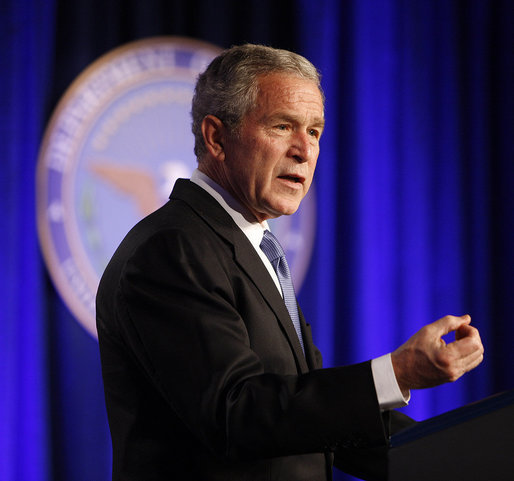 President George W. Bush delivers remarks on the Global War on Terror during a visit Wednesday, March 19, 2008, to the Pentagon. In addressing representatives from each branch of the military -- including some who served in the theater at the beginning of Operation Iraqi Freedom, the President said, "Five years into this battle, there is an understandable debate over whether the war was worth fighting, whether the fight is worth winning, and whether we can win it. The answers are clear to me: Removing Saddam Hussein from power was the right decision -- and this is a fight America can and must win." White House photo by Eric Draper