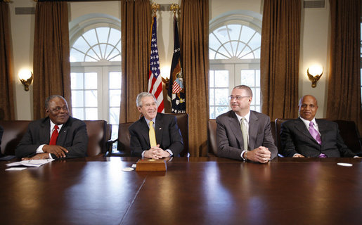 President George W. Bush and Caribbean leaders Prime Minister Hubert Ingraham of the Bahamas, Prime Minister David Thompson of Barbados and Belize Prime Minister Dean Barrow meet in the Cabinet Room Thursday, March 20, 2008, at the White House. White House photo by Eric Draper