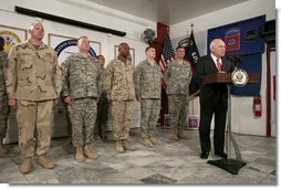 Vice President Dick Cheney addresses U.S. troops Thursday, March 20, 2008, during a dinner at Bagram Air Base, Afghanistan. During his remarks the Vice President said, "A lot of history is being made here every single day. Much of the credit goes to all of you. The President and I get regular briefings on the action here, and we don't take you for granted for a single moment." White House photo by David Bohrer