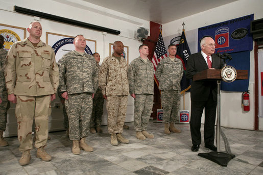 Vice President Dick Cheney addresses U.S. troops Thursday, March 20, 2008, during a dinner at Bagram Air Base, Afghanistan. During his remarks the Vice President said, "A lot of history is being made here every single day. Much of the credit goes to all of you. The President and I get regular briefings on the action here, and we don't take you for granted for a single moment." White House photo by David Bohrer