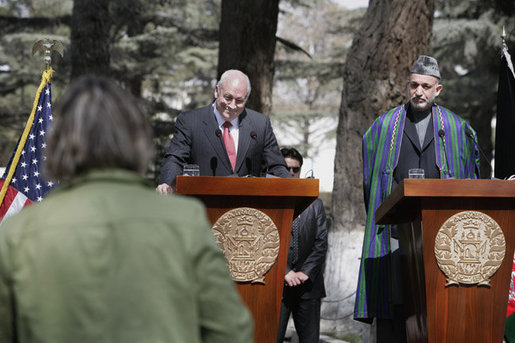 Vice President Dick Cheney smiles as a reporter asks a question Thursday, March 20, 2008, during a press availability with President of Afghanistan Hamid Karzai at Gul Khana Palace in Kabul. During a statement to the press the Vice President said he has no doubt that the vision of peace and freedom for Afghanistan will become a reality, telling President Karzai that the U.S. is committed to the mission in Afghanistan. White House photo by David Bohrer