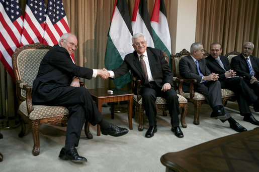 Vice President Dick Cheney and President Mahmoud Abbas of the Palestinian Authority shake hands Sunday, March 23, 2008, during their meeting at the Muqata in Ramallah. White House photo by David Bohrer